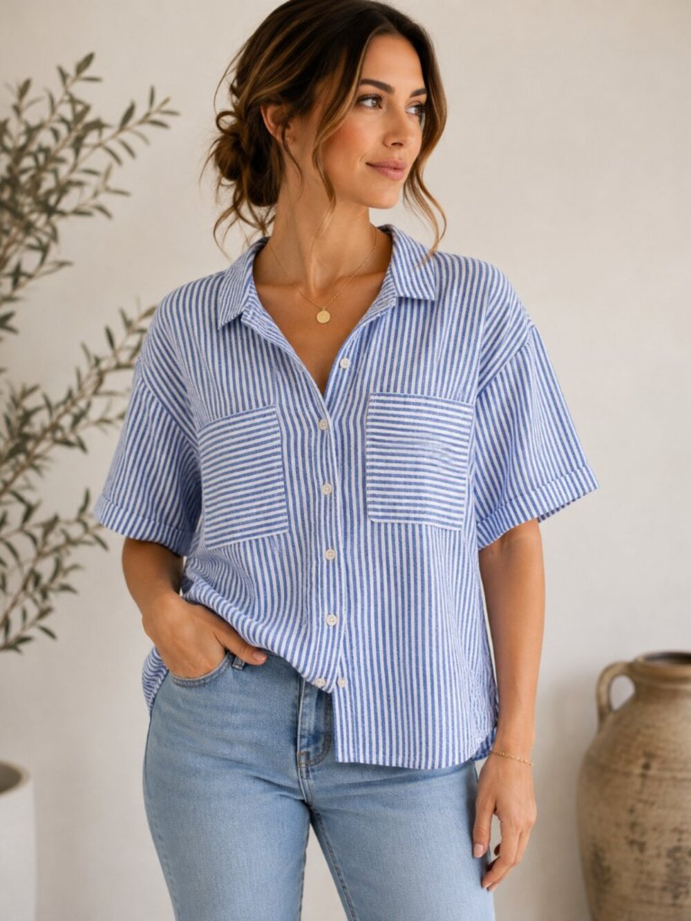 Universal Thread Blue White Striped Linen Blend Button Front Camp Shirt S